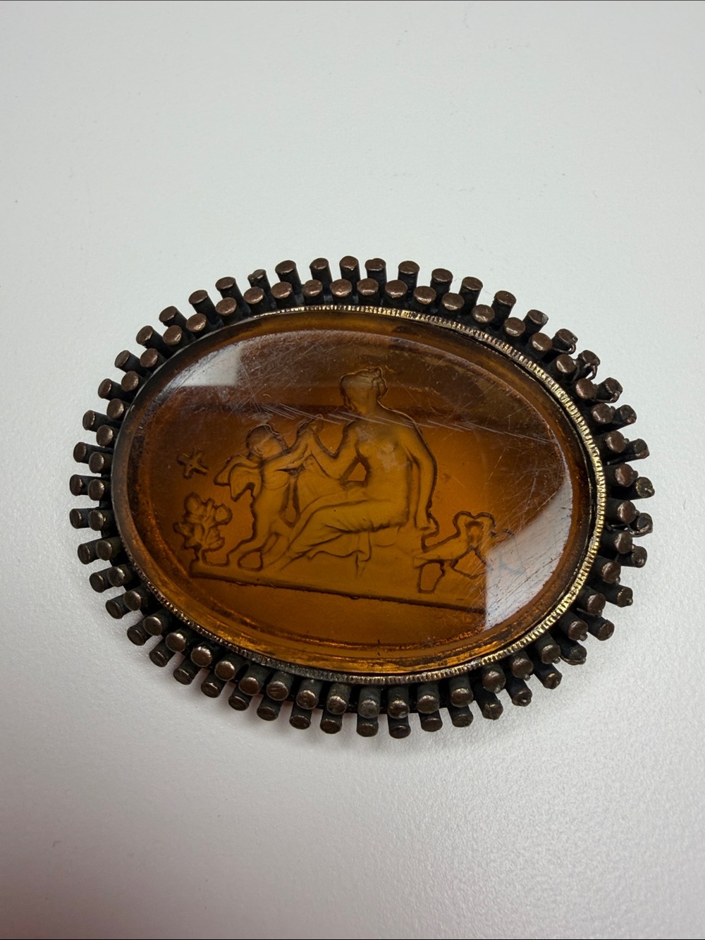 Vintage Amber Glass Reversed
Carved Cameo Pin